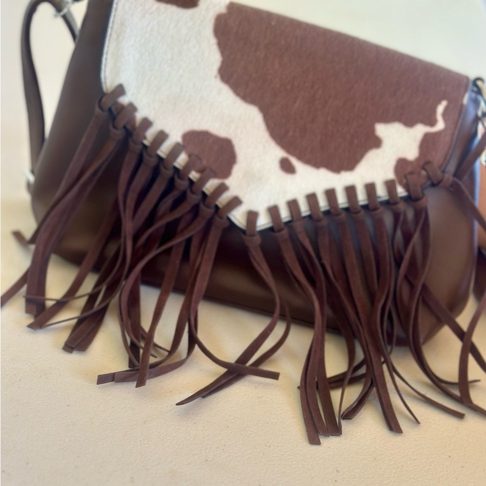 Brown and White Fringe Women's Bag